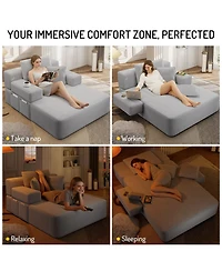 Rainsken Plush Corduroy Convertible Chaise Chair, Sofa Bed with Storage Pocket and 3 Pillows, Frameless Design and Compression Foam for Living Room