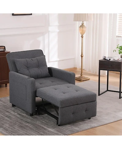 Maison Boucle Single Sleeper Chair with Usb Port and Cup Holder, Linen Pull Out Armchair Bed with Adjustable Backrest for Guest Room or Office