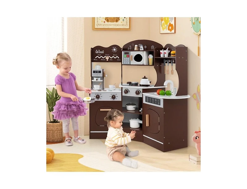 Hongge Corner Wooden Play Kitchen with Coffee Machine and Slide for Kids.