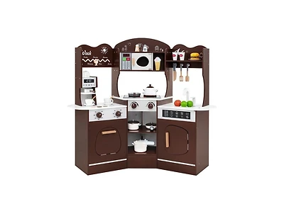 Hongge Corner Wooden Play Kitchen with Coffee Machine and Slide for Kids.