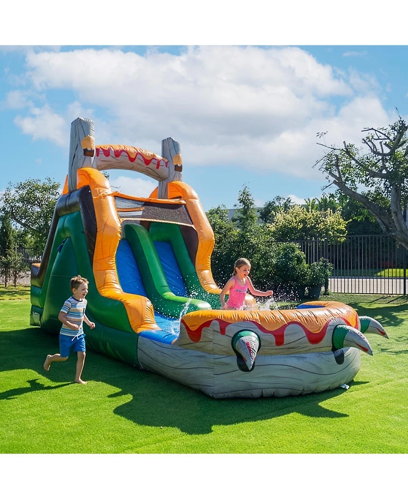HeroKiddo T-Rex Adventure 12 Tall Dual Lane Backload Inflatable Water Slide with Attached Pool, Dinosaur Theme, for Kids and Adults, Commercial Grade