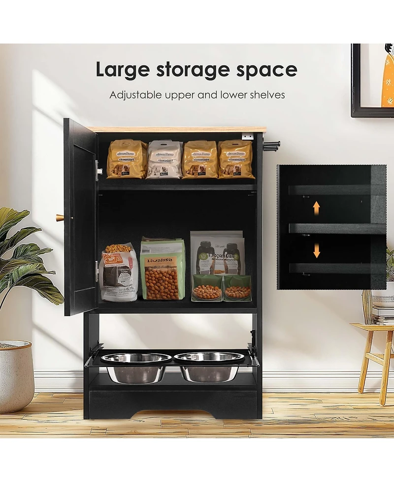 Aostirmotor Black Pet Feeding Station with Storage Cabinet and 2 Elevated Dog Bowls, Anti-Tip Design