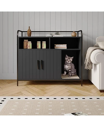 gaomon Cat Litter Box Enclosure - Hidden Litter Box Furniture with 2 Open Compartments, Scratching Mat, Double-Door Storage Cabinet