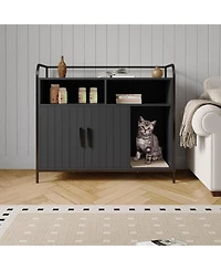 gaomon Cat Litter Box Enclosure - Hidden Litter Box Furniture with 2 Open Compartments, Scratching Mat, Double-Door Storage Cabinet