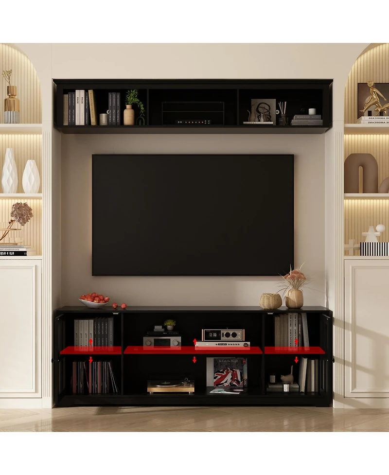 Famapy Tv stand with top cabinets, entertainment center tempered glass doors, wooden media console