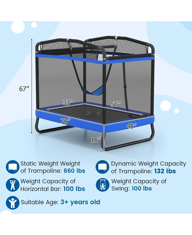 Gymax 6 Ft Kids Trampoline w/Swing and Horizontal Bar Safety Enclosure Net