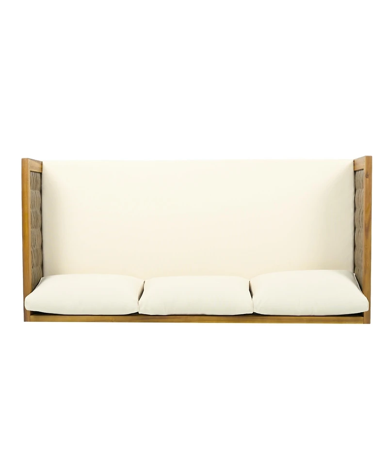 Flynama Weather Resistant Wicker Patio Conversation Set with Acacia Wood Coffee Table Water Resistant Thick Beige Cushions for Garden Patio Deck