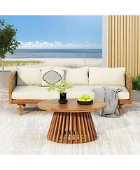 Flynama Weather Resistant Wicker Patio Conversation Set with Acacia Wood Coffee Table Water Resistant Thick Beige Cushions for Garden Patio Deck