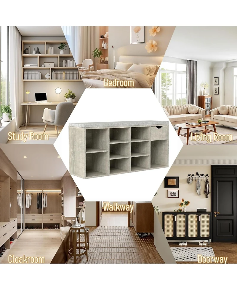 Rainsken Entryway Shoe Bench with Padded Cushion, Open Compartments and Drawer, 3-Layer Shoe Rack for Hallway