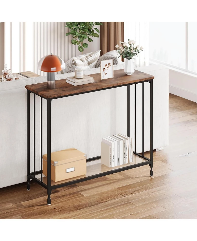 gaomon Small Entryway Console Table, Narrow Table Behind Sofa with Metal Frame and Glass Shelf