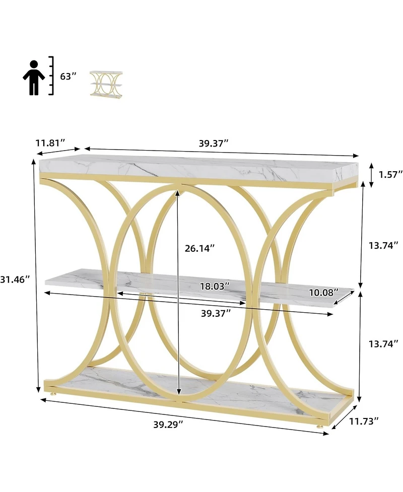 gaomon 39" Narrow Console Table for Entryway, Industrial 3-Tier Sofa Table, Round Metal Base, Storage Shelves