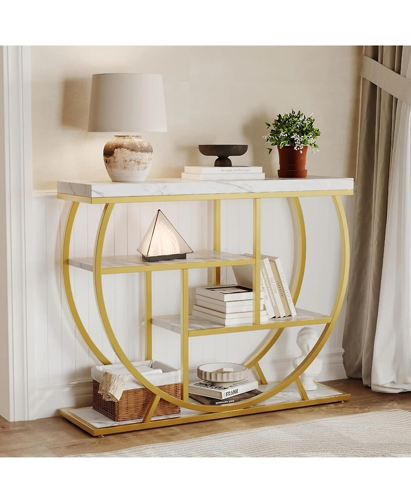 gaomon Modern 39" Console Table, 4-Tier Narrow Entryway with Storage Shelves, Marble Top, Metal Geometric Frame