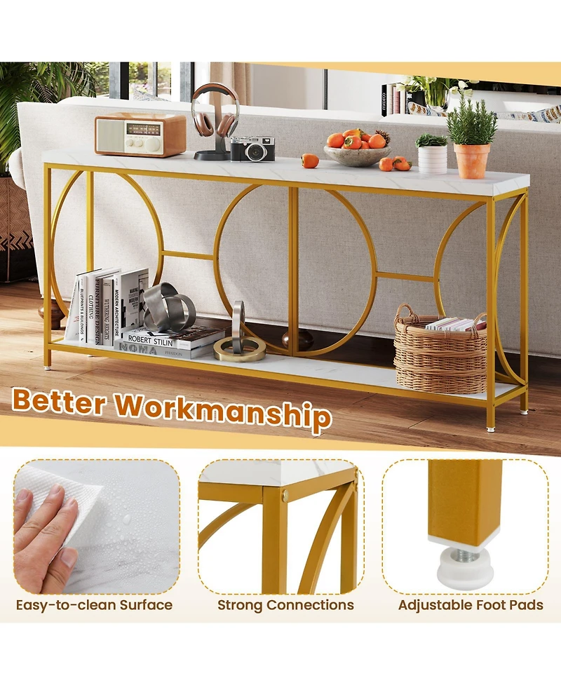 Sugift Two Tier Console Table with Faux Marble Top and Shelf