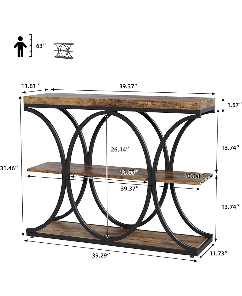 gaomon 39" Narrow Console Table for Entryway, Industrial 3-Tier Sofa Table, Round Metal Base, Storage Shelves
