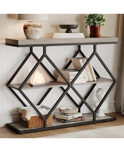 gaomon 3-Tier Entryway Table, Industrial Console Sofa Table, Open Storage Shelves, Diamond Metal Frame