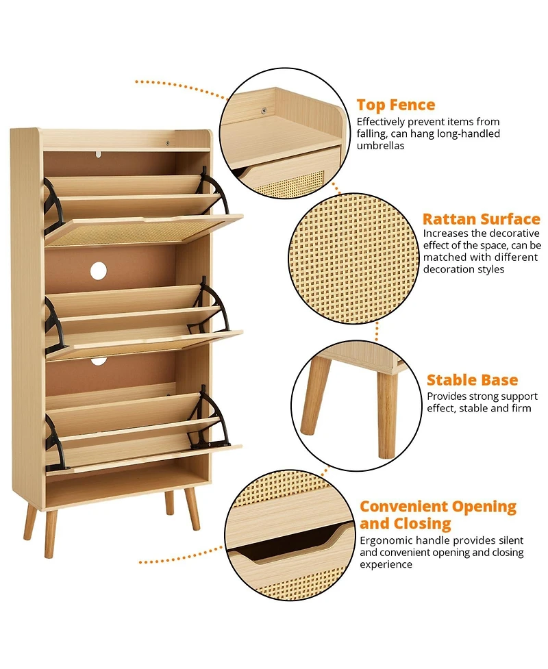 Homfan Shoe Cabinet for Entryway, Rattan Storage Organizer with Flip-Drawer and Anti-Tip Design, Shoe Storage Cabinet
