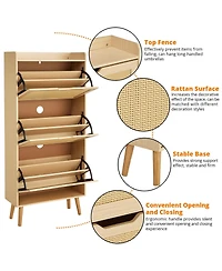 Homfan Shoe Cabinet for Entryway, Rattan Storage Organizer with Flip-Drawer and Anti-Tip Design, Shoe Storage Cabinet
