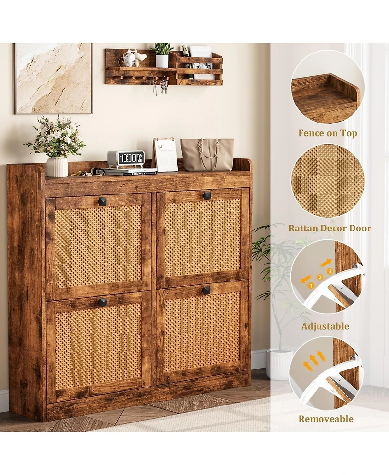 Homfan Rattan Wooden Shoe Cabinet with 4 Flip Drawers and Adjustable Shelves
