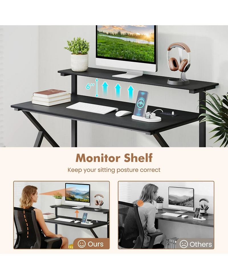 Sugift Rolling Computer Desk with Charging Station and Monitor Shelf
