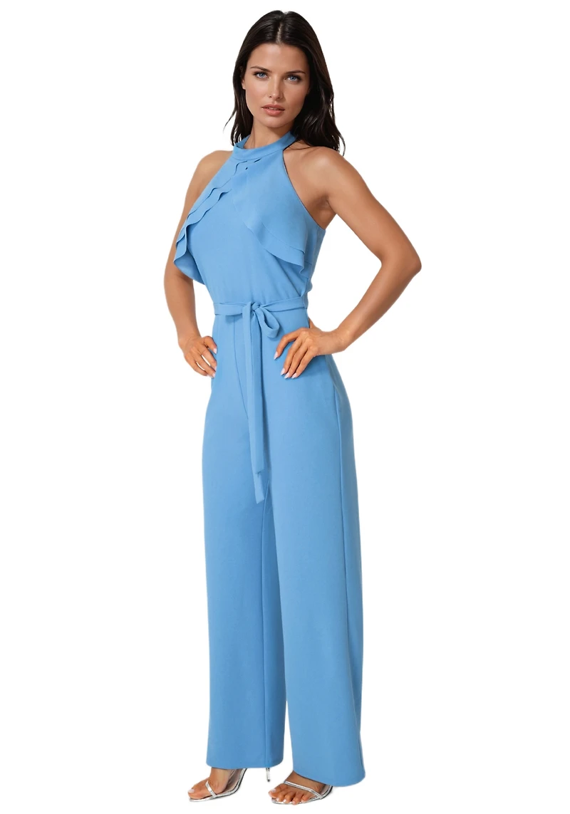Bebe Women's Scuba Crepe Ruffled Halter Jumpsuit
