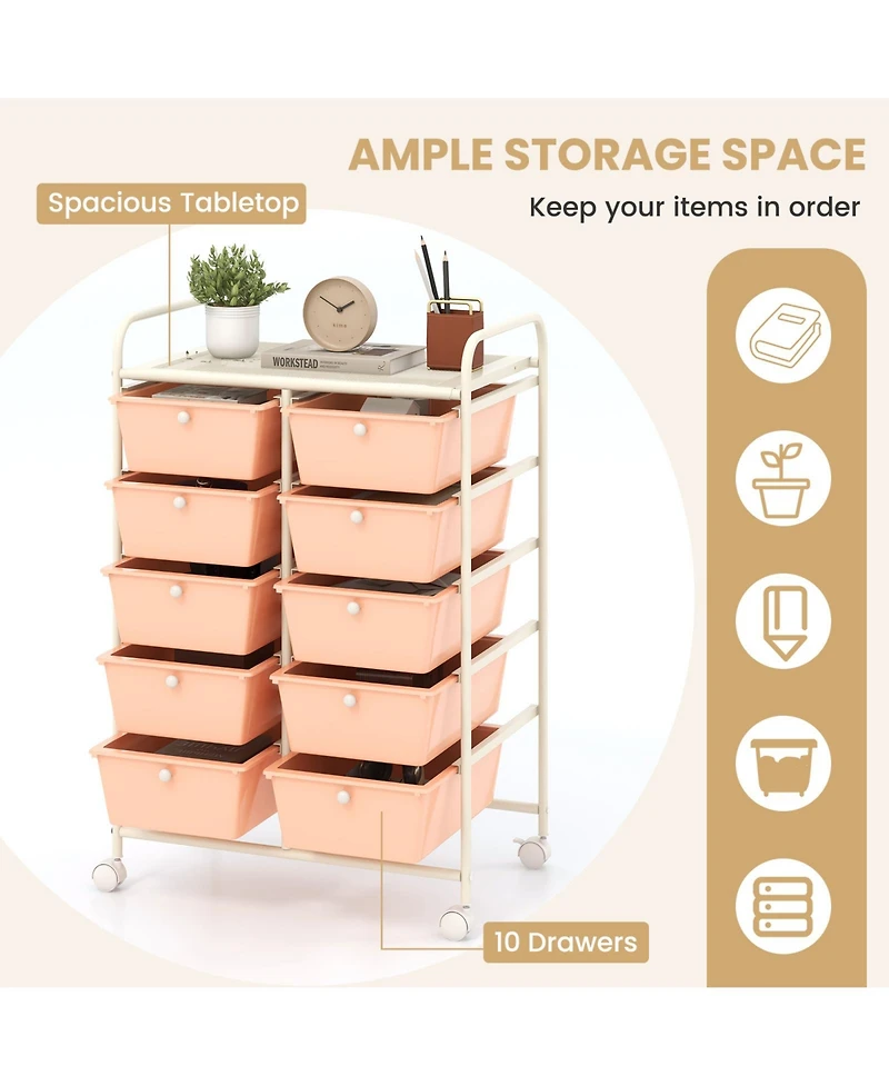 Sugift Ten Drawer Rolling Storage Cart Organizer for Home and Office