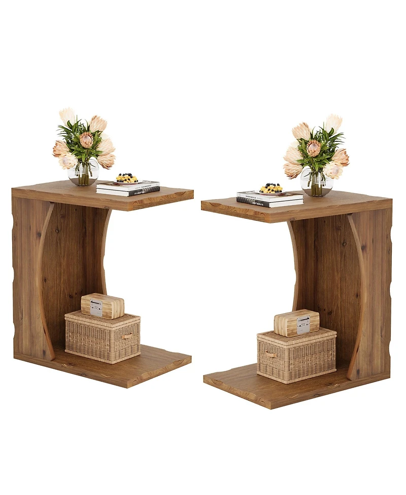 Tribesigns C-Shaped End Table for Living Room Set of 2, Solid Wood Narrow Skinny Side Table, Farmhouse Bedside Nightstand