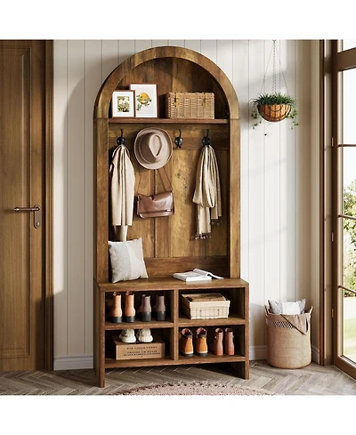 Tribesigns 70.87“ H Hall Tree with Bench and Shoe Storage, Arched Coat Rack with 4 Hooks and 4 Cubbies, Entryway Bench