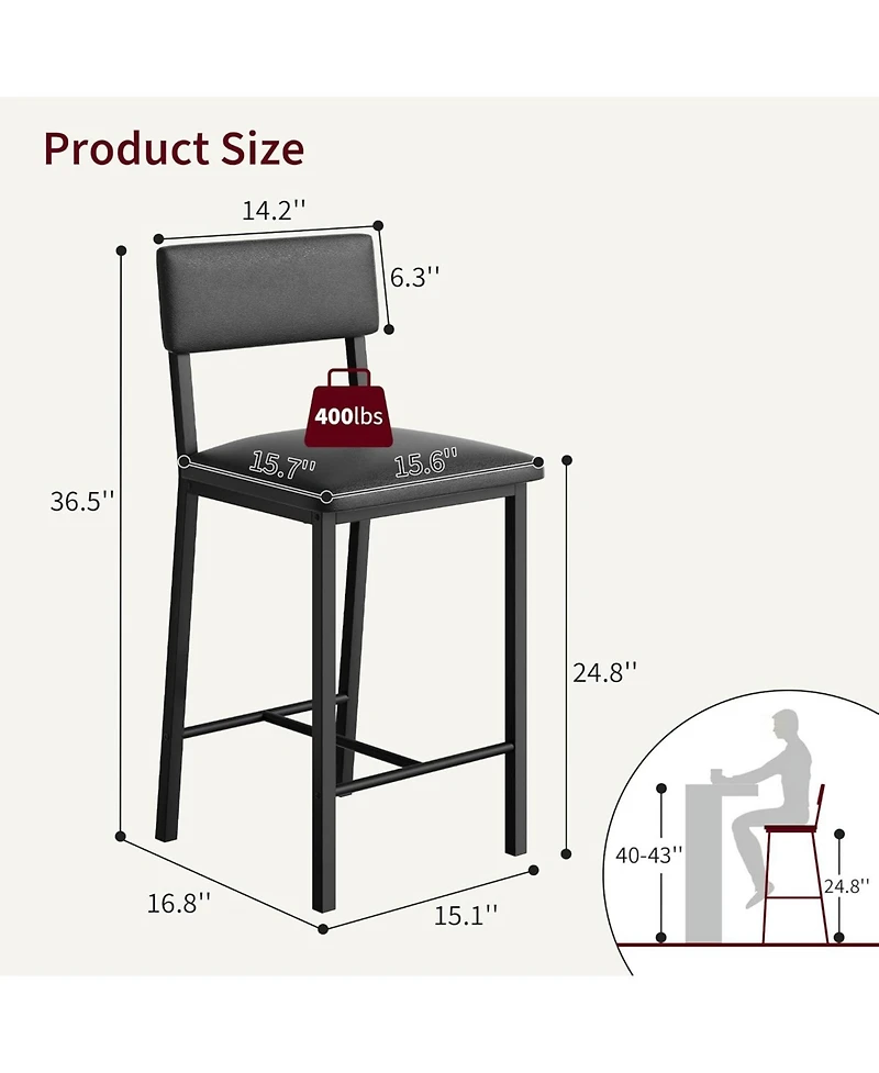 gaomon Set of 2 Bar Stools, 25" Counter Height, Pu Leather with Backrest and Footrest for Dining Room, Multi-Color