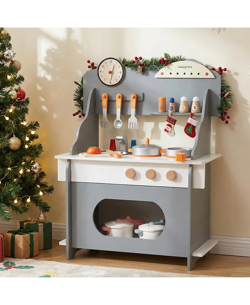 Mecale Wooden Play Kitchen Pretend Toy with Clock, Gift Set for Boys & Girls Ages 3