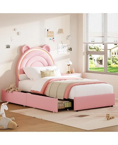 gaomon Velvet Bed Frame with Led Light Storage Drawer Upholstered Platform Bear Headboard Wood Slats No Box Spring Pink
