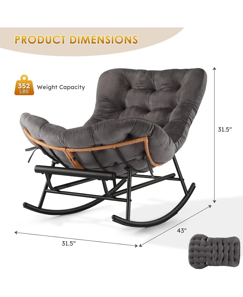 gaomon Papasan Rocking Chair with Removable Polyester Cushion, Extendable Footrest, Rattan Rocker for Living Room and Porch