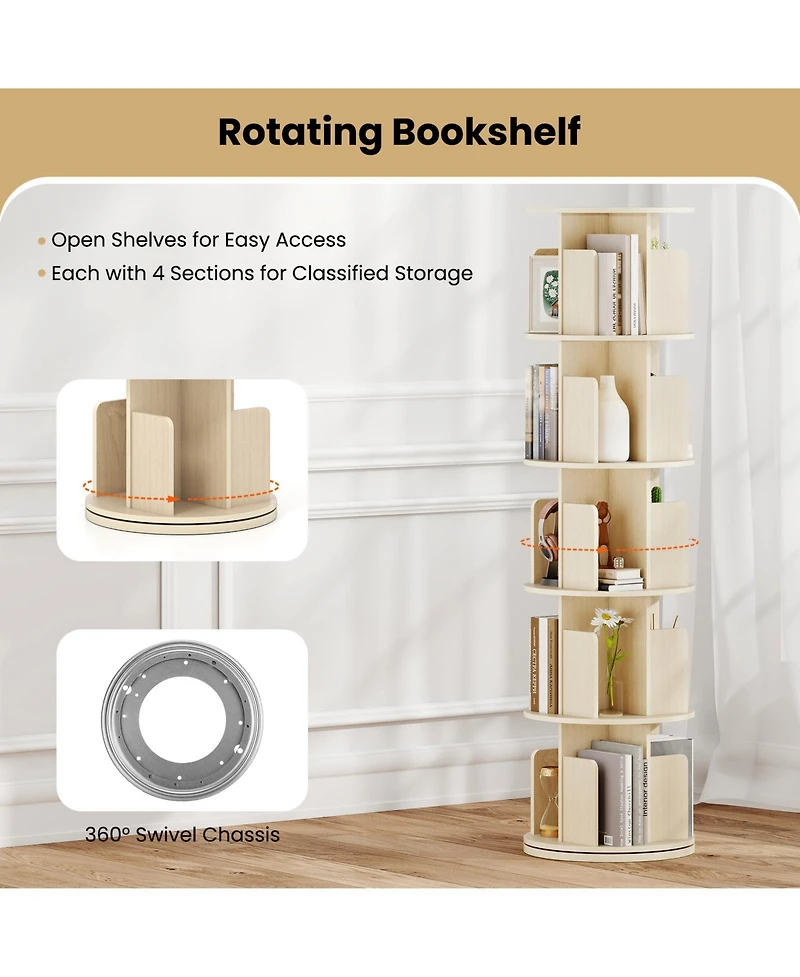 Sugift 5-Tier Rotating Bookshelf 360 Display Rack with Dividers and Anti-falling Baffles