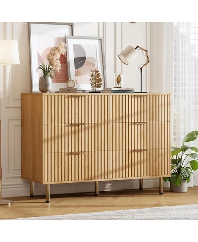 gaomon Fluted 6-Drawer Dresser, Modern Wooden Chest with Gold Legs, Large Storage Organizer for Bedroom, Living Room, Kids Room