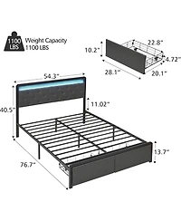 gaomon Bed Frame with Led Lights,Metal Platform Bed Frame with Button Tufted Headboard,Upholstered Bed Frame with 2 Storage Drawers,Heavy Metal