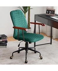 Sugift Velvet Home Office Chair with Wooden Armrests