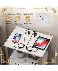 Sugift Nightstand with Charging Station and Adjustable Fabric Drawer for Bedroom and Living Room-Set of 2