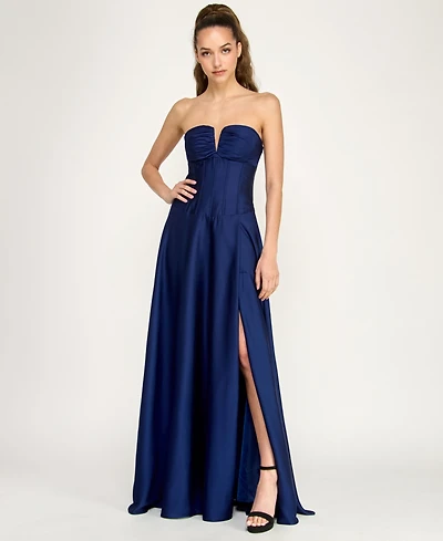 Alex & Sophia Juniors' Strapless V-Detail Polyester Slit Skirt Gown