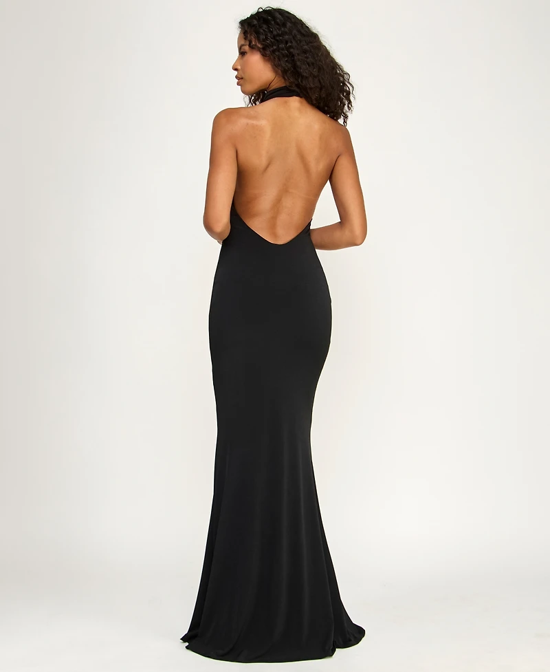 Alex & Sophia Juniors' Drape Halter Neck V-Waist Detail Gown