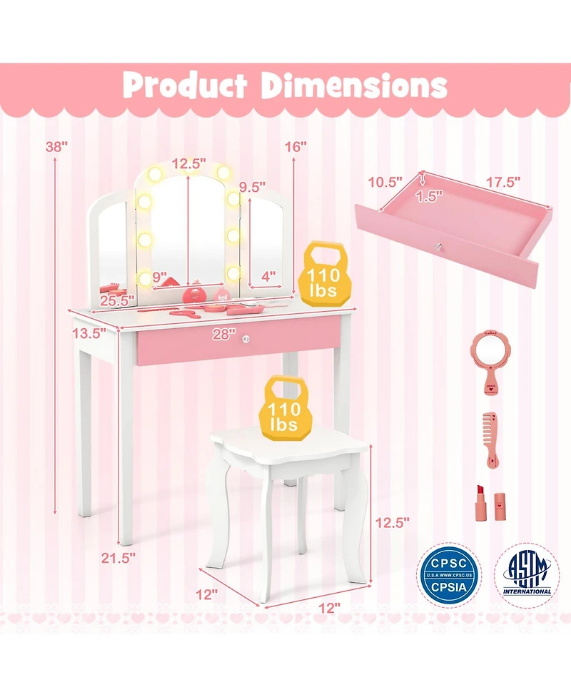 Sugift 2-in-1 Kids Vanity Table Set with Tri-Folding Detachable Mirror and Lights