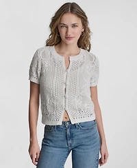 Dkny Jeans Petite Short-Sleeve Crew Neck Cardigan Sweater