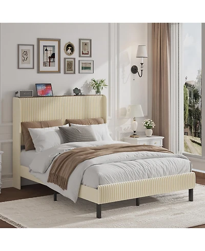 flynama Metal Platform Bed Beige Charging Station 2 Usb Ports Noise Free No Box Spring Needed