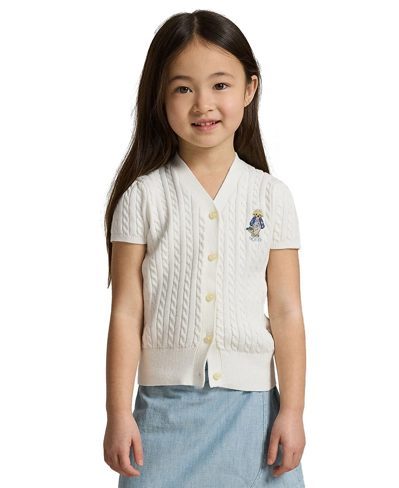 Polo Ralph Lauren Girls' 2T-6X Bear Cable V-Neck Cardigan