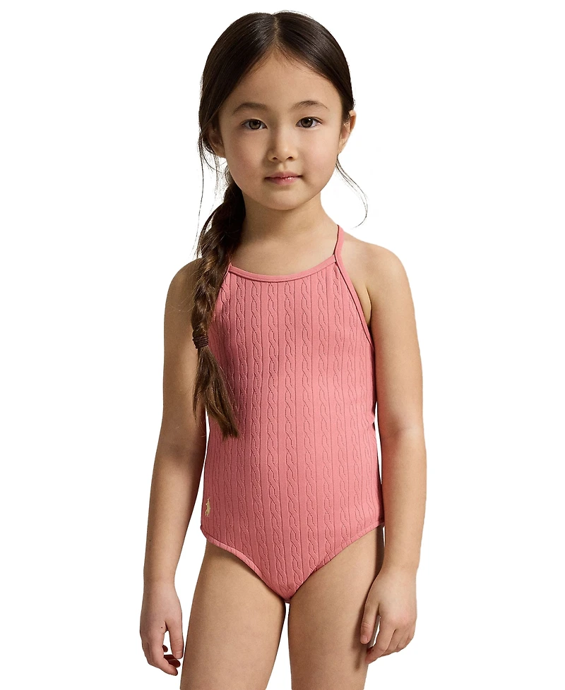 Polo Ralph Lauren Girls' 2T-6X Mini-Cable Jacquard Round Neck One-Piece Swimsuit