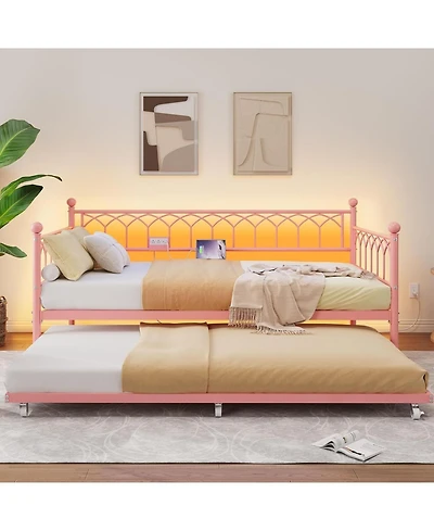 gaomon Twin Daybed with Trundle, Heavy Duty Metal Sofa Bed Frame with Charging Station & Led Lights