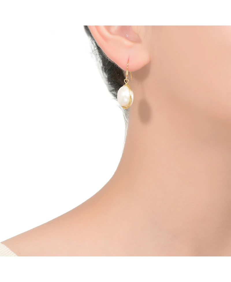 Sterling Silver 14K Gold Plated with Genuine Freshwater Pearl Dangle Earrings