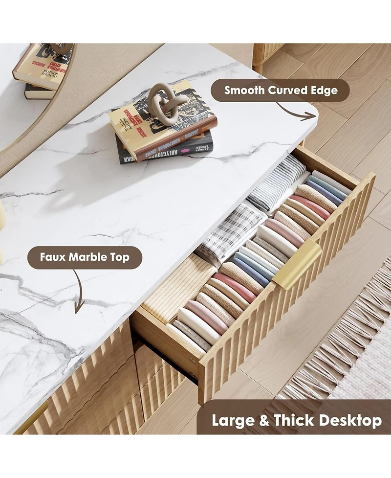 gaomon 9 Drawer Fluted Dresser 60.6-Inch-Wide Curved Profile Gold Handles