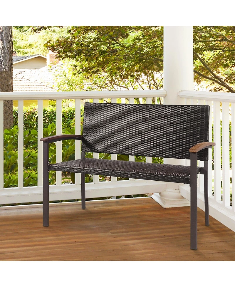 Sugift Outdoor Patio Rattan Wicker Bench with Armrests for Garden