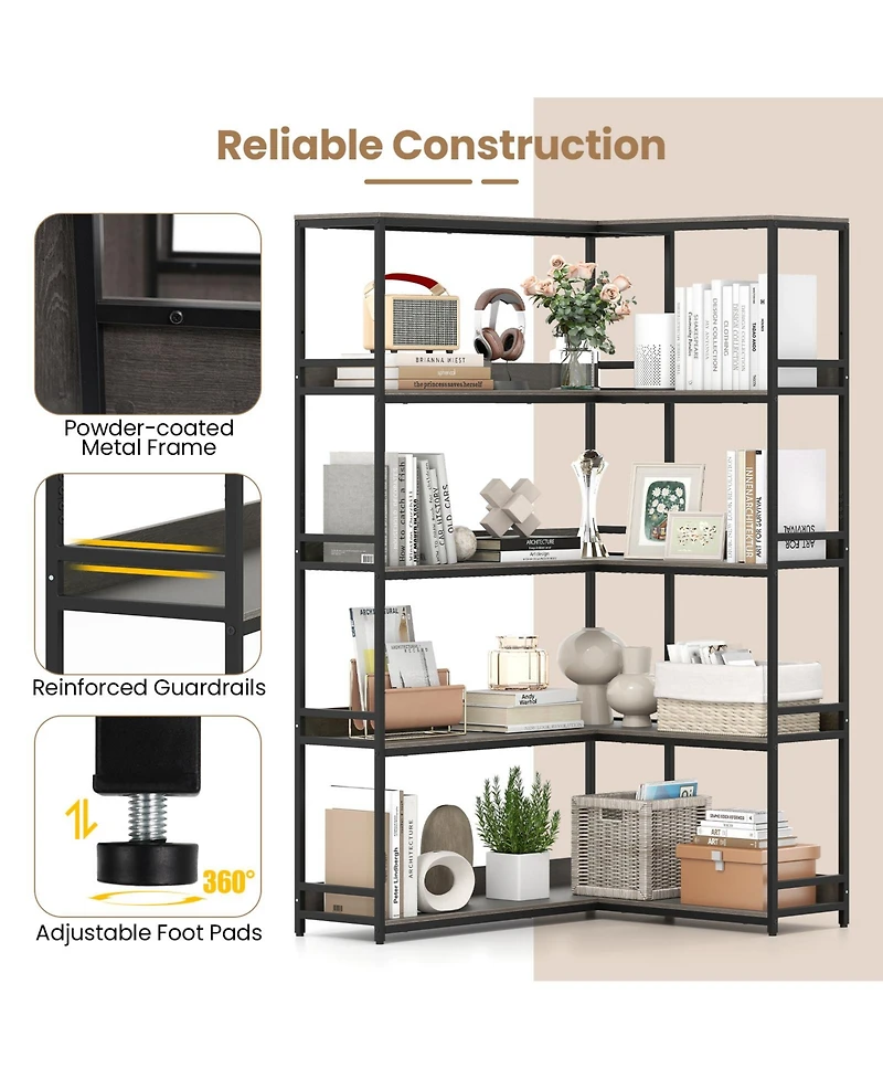Slickblue 5-Tier L-Shaped Corner Bookshelf with Metal Frame