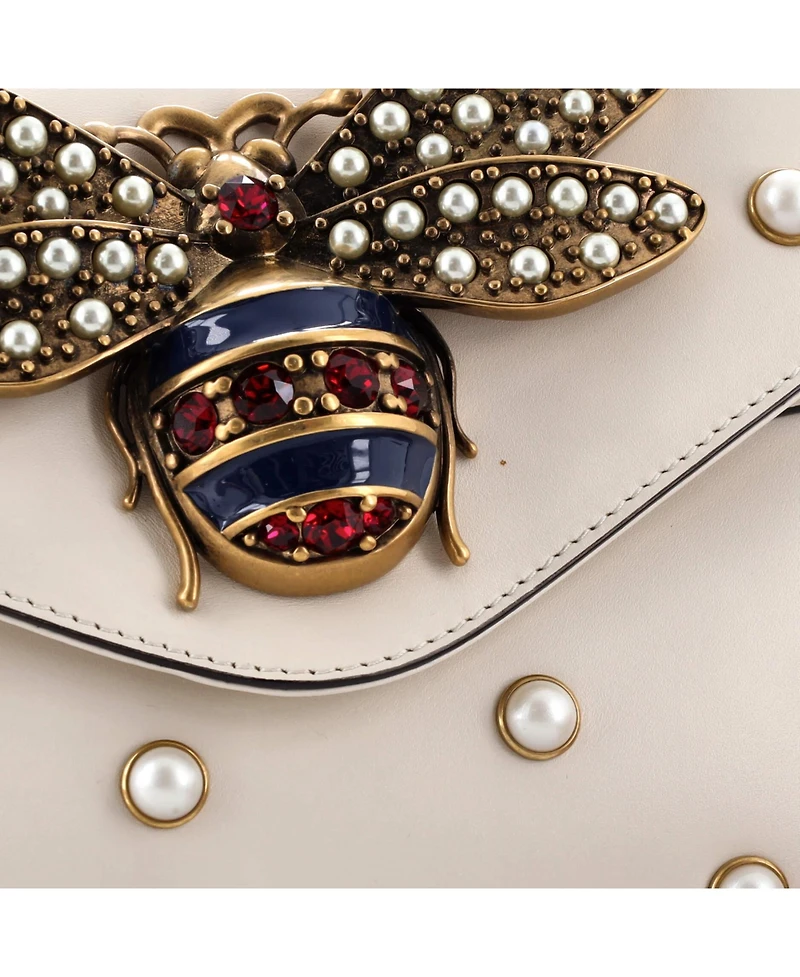 Pre-Owned Gucci Mini Broadway Pearly Bee Shoulder Bag Embellished Leather