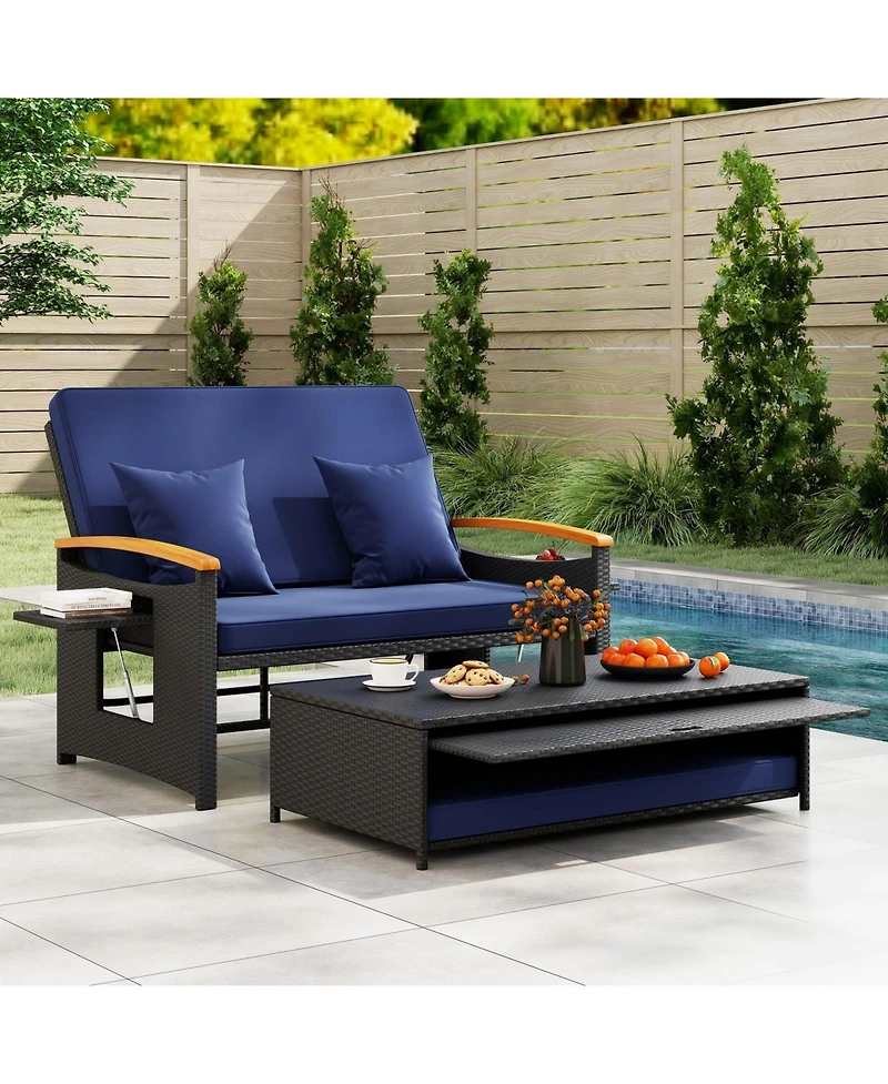 Sugift Outdoor Wicker Daybed with Folding Panels and Storage Ottoman